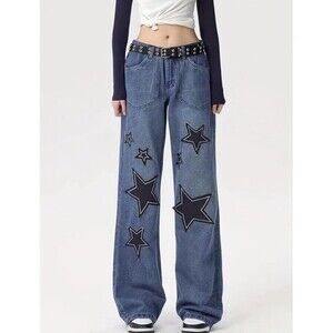 Women’s Denim Trendy High Waist Wide Leg Y2K Jeans Star Patch Pants Sz Small